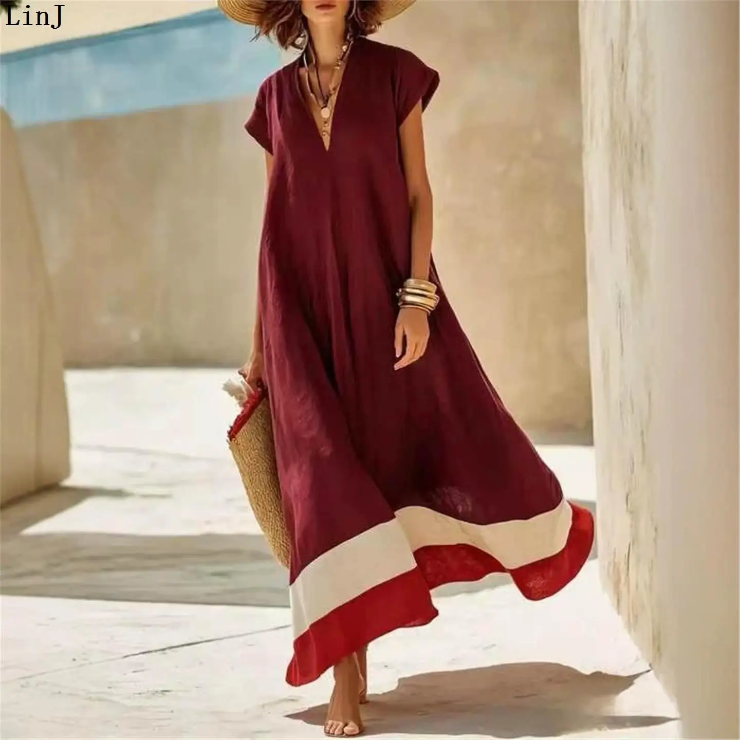 LinJ2026 Women's Vacation Color Block V-neck Short Sleeve Long Dress Loose Wide Hem Beach Dress European Style Polyester