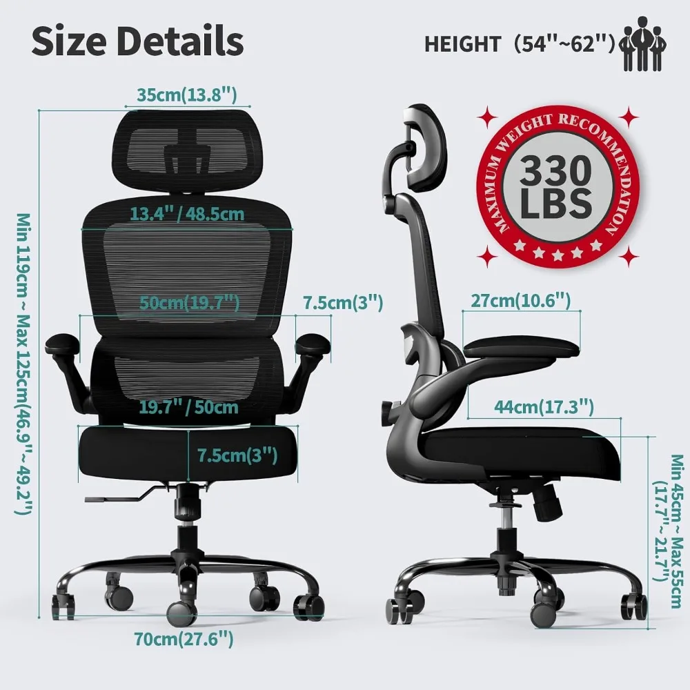 Ergonomic Mesh Office Chair, 330 LBS Capacity, Adjustable Lumbar Support, High-Density Foam Seat, Heavy-Duty Base with Casters