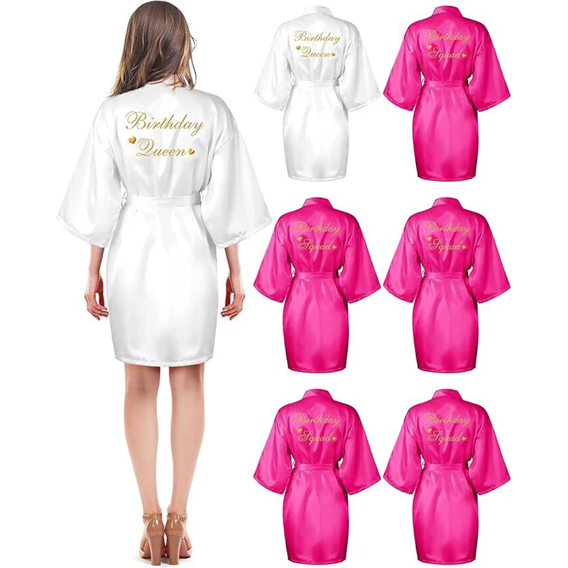 6 Pcs Women's Birthday Squad Robes Birthday Party Queen Spa Bathrobe Kimono Spa Robe Sleepover Party Robes Silky Gown