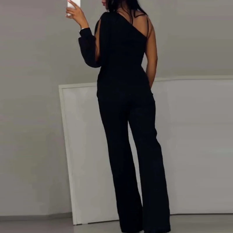 New Casual Women One Shoulder Sleeve Slim Romper Elegant Mesh Long Pants Playsuits Sexy Asymmetrical High Waist Party Jumpsuit