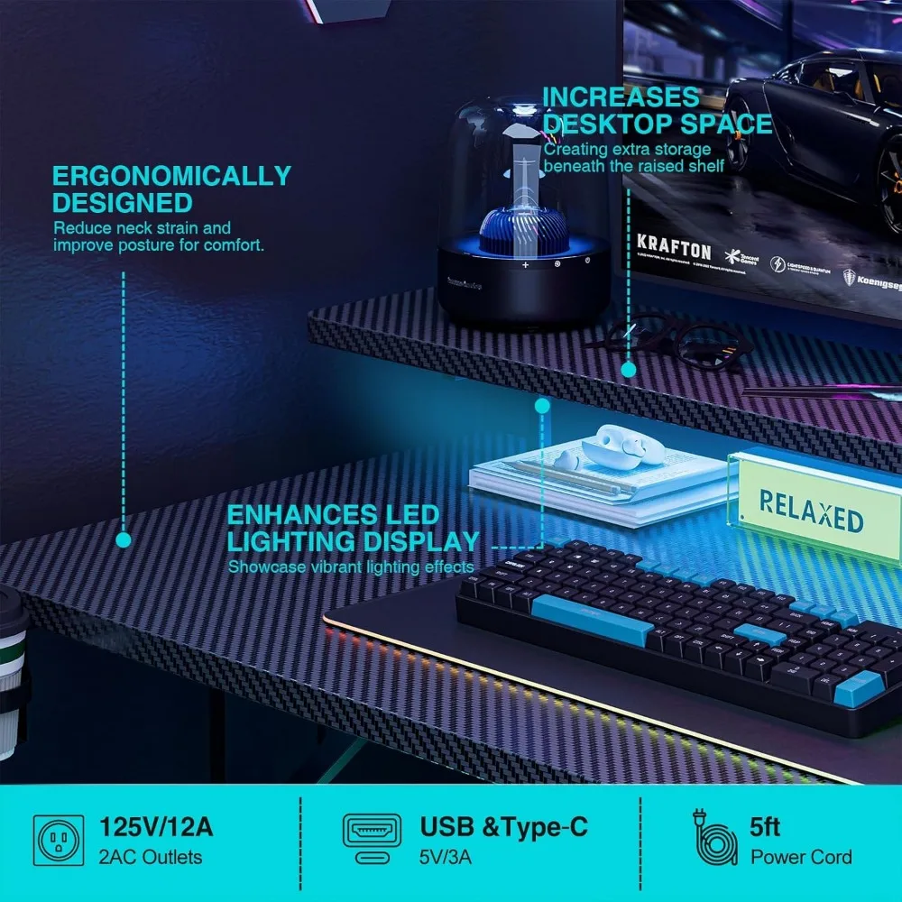 LED-Illuminated 47 Inch Gaming Desk with Power Outlets and Monitor Stands, Ergonomic Computer Desk for Gamers with Cup Holder an