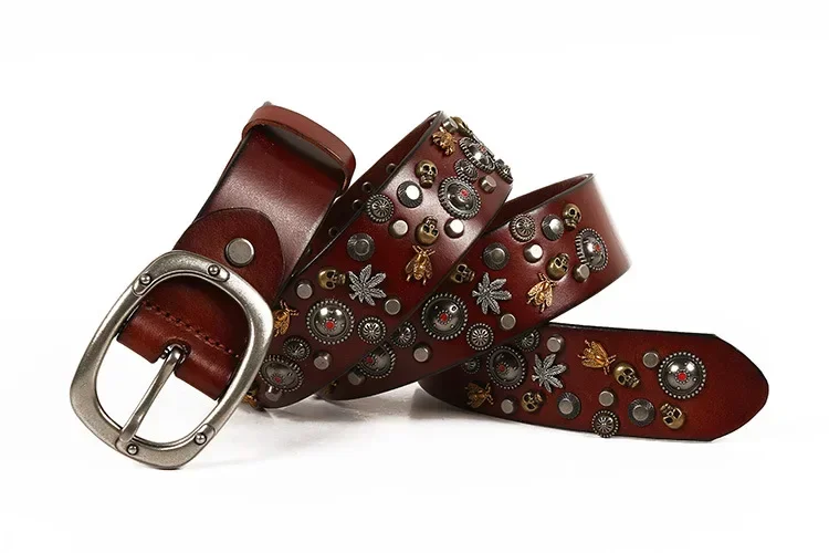 3.8CM Fashionable Designer Belt for Men and Women, Punk Style Riveted Belt, Head Layer Cowhide Belt