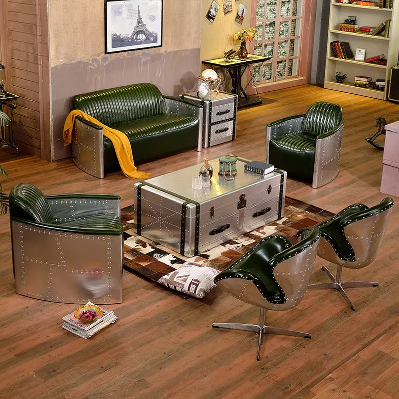 Leather Sofa Dark Green American Vintage Single Sofa Metal Aviation Aluminum Cigar Bar