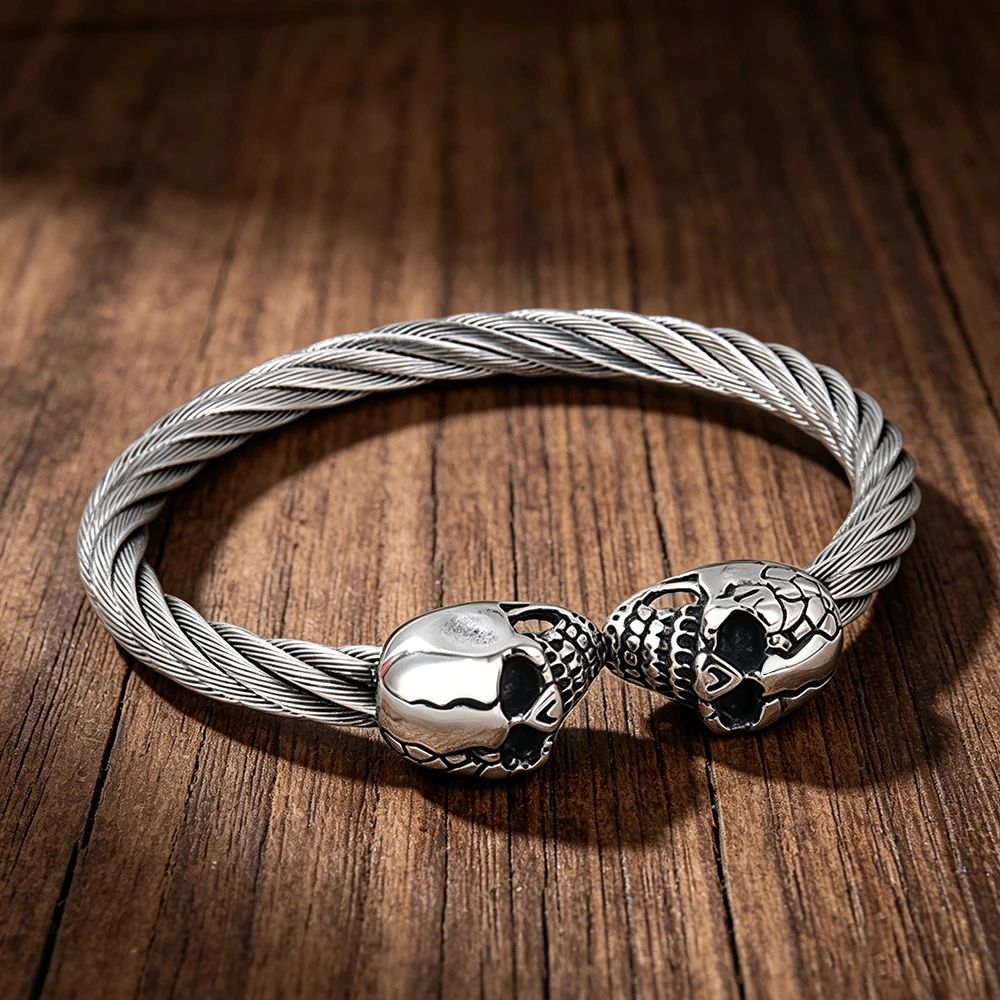 Stainless Steel Double Skull Bracelet Vintage Skeleton Open Bangle for Men Women Punk Rock Biker Jewelry Best Gift Dropshipping