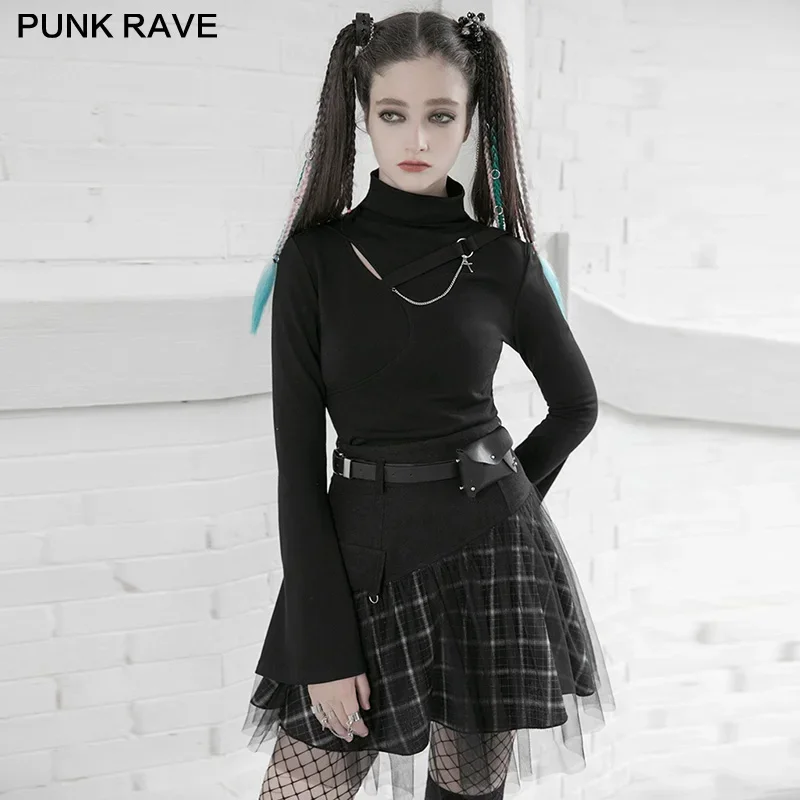 PUNK RAVE ผู้หญิง Punk สไตล์ตาข่ายเย็บลายสก๊อตสูงเอวกระโปรงสวมใส่ทุกวันบุคลิกภาพหนา Cool สาว Mini