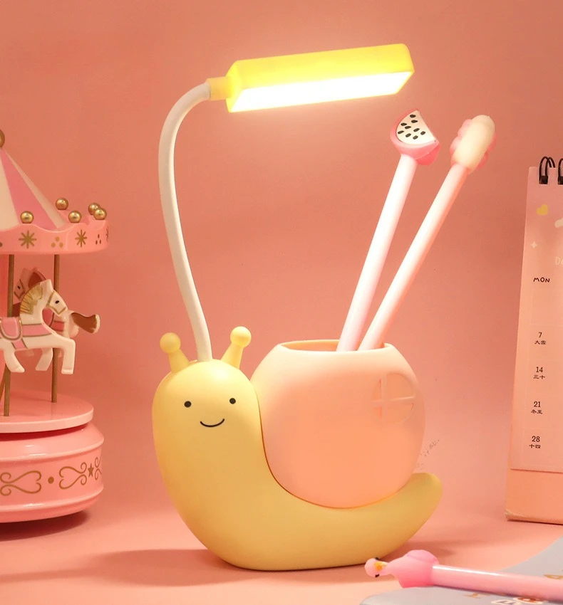 Multi-Functional LED Desk Lamp Student Learning with Pen Holder Night Light Snail Shape USB Rechargeable Bendable Cute Kids Lamp