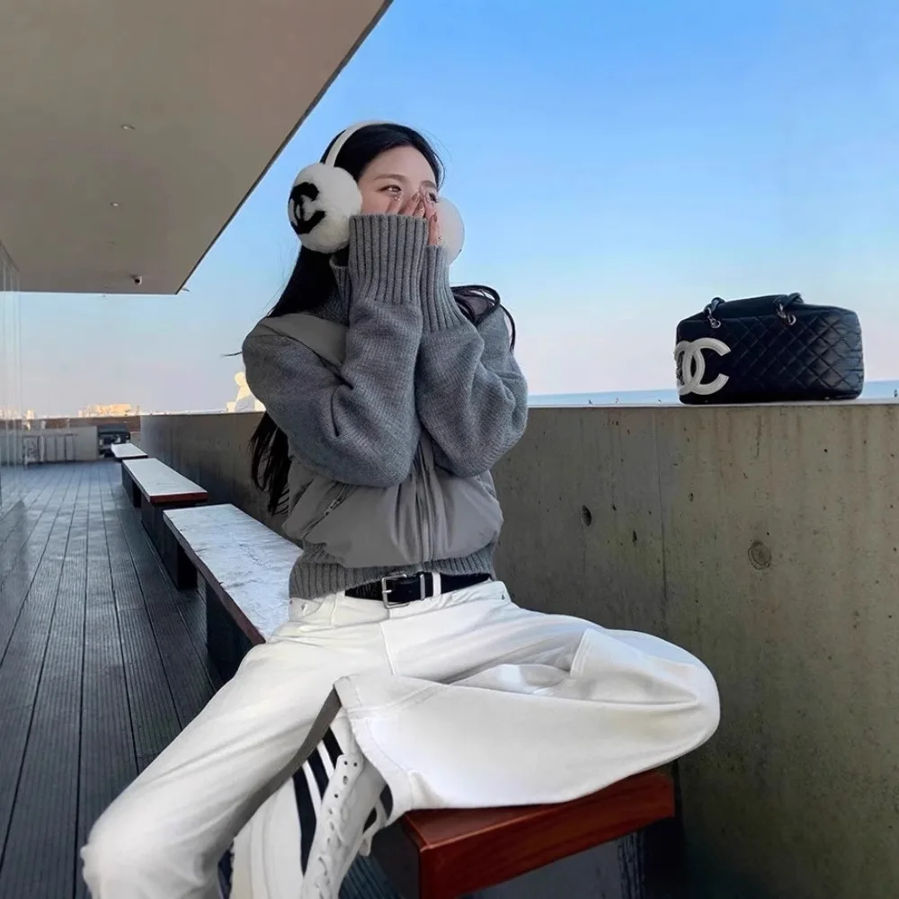 

Korean Sweet Pink Knitted Splice Stand Collar Short Women's Down Jacket Design Sensation Slim Fit