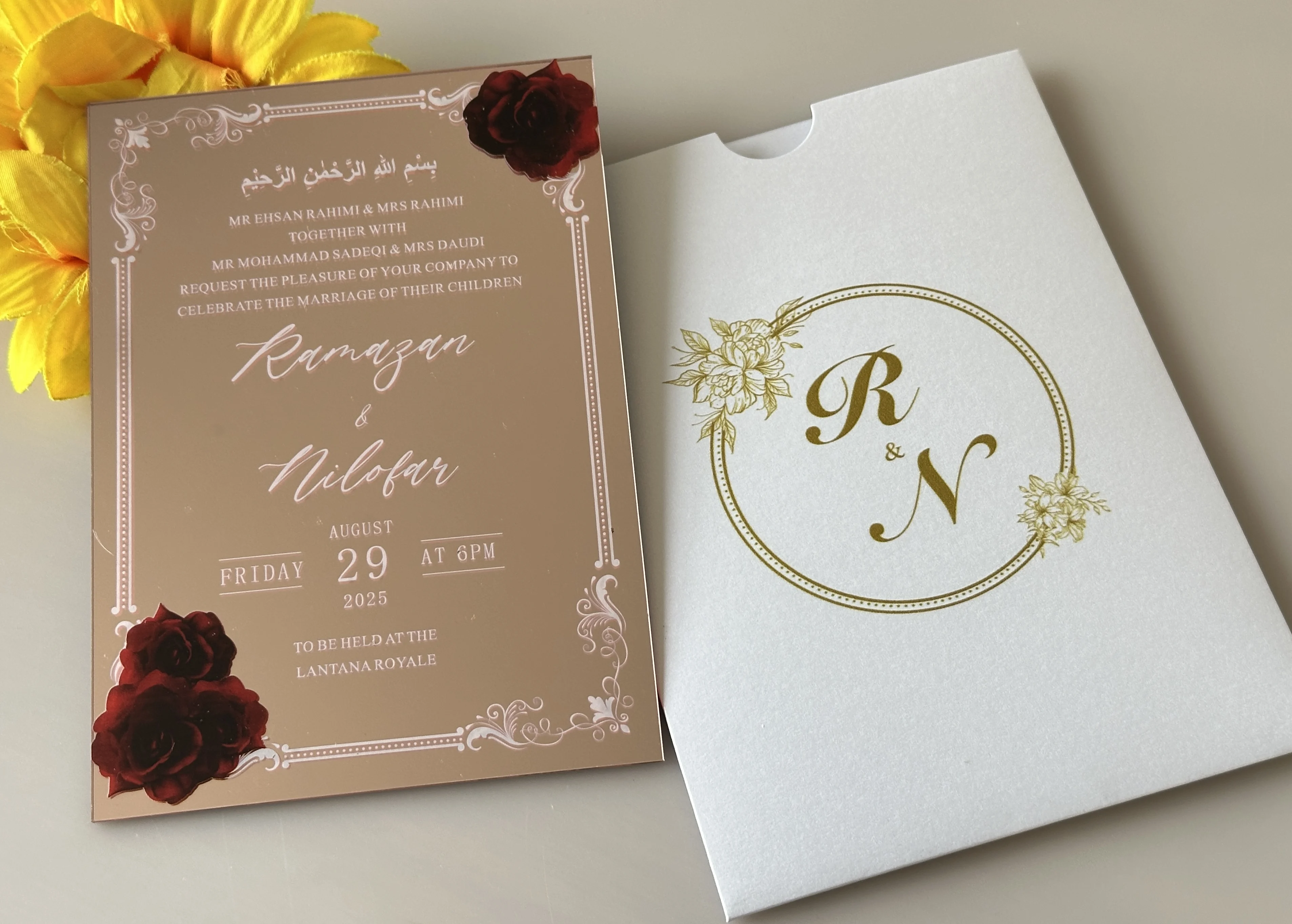 

Classic Elegant Rose Gold Mirror Acrylic Wedding Invitation with White Ink,Custom 10pcs Birthday Invitations Card for Decoration