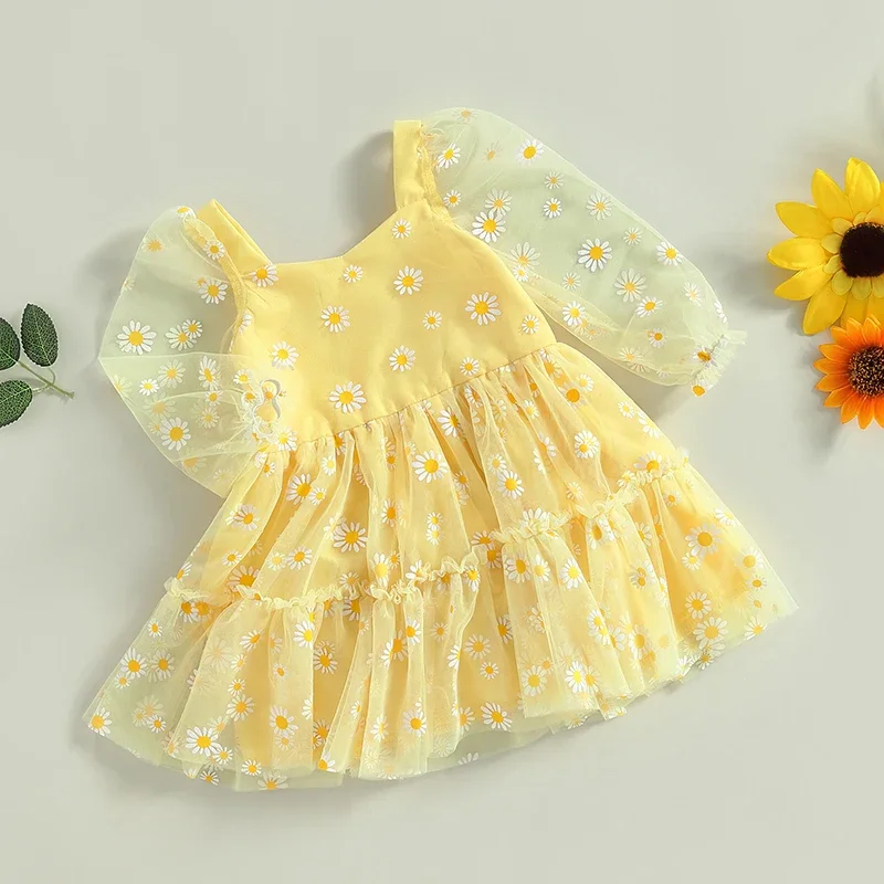 0-3Y Baby Girls Princess Lace Dress Baby Girl Elegant Daisy Print Long Sleeves Mesh Tulle Party Dresses Clothes