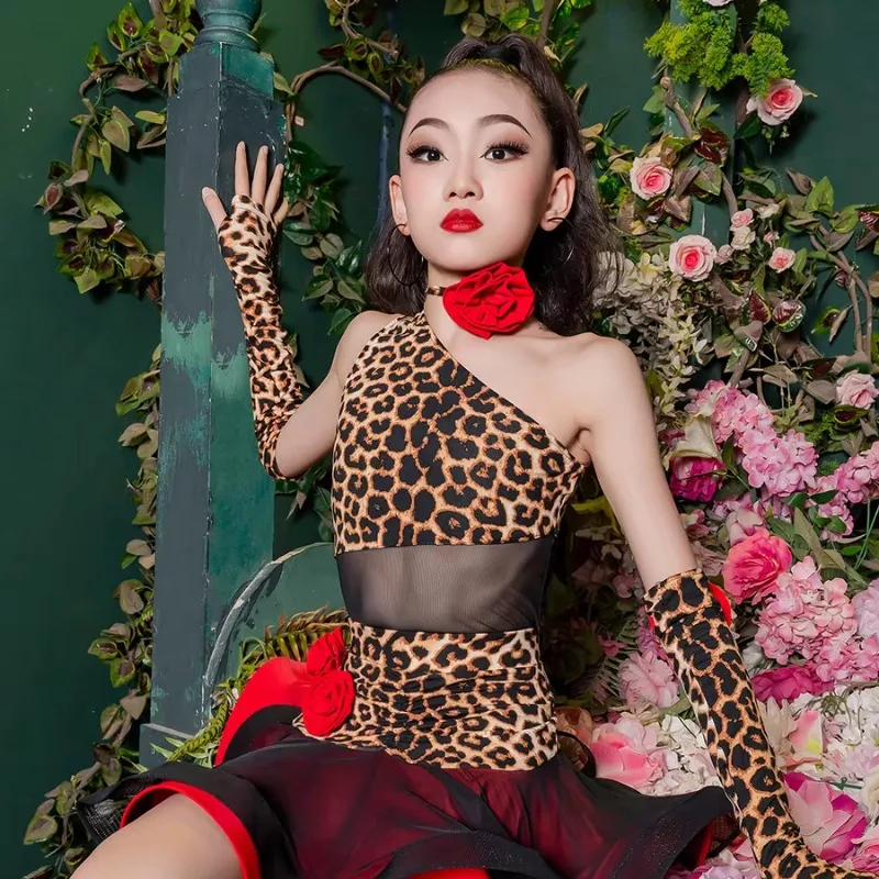 تنورة لاتينية مخصصة للفتيات لممارسة طباعة الفهد زي تدريب الأداء تشا تشا تانجو سامبا رومبا فستان رقص #3