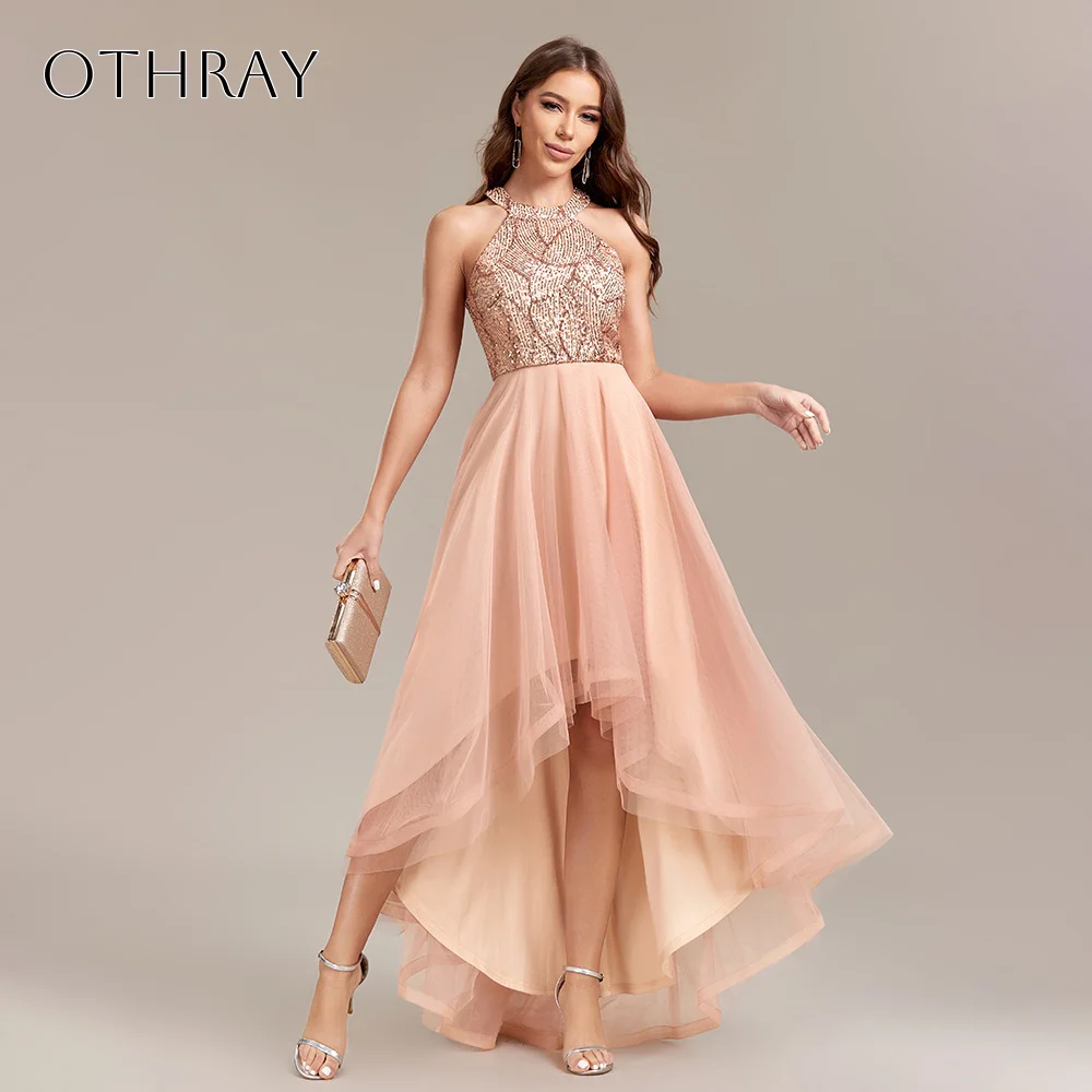 Vestidos de fiesta de una línea con lentejuelas y cuello halter, sin mangas, tul plisado, alto-bajo, personalizados, İ Г Грэйws 