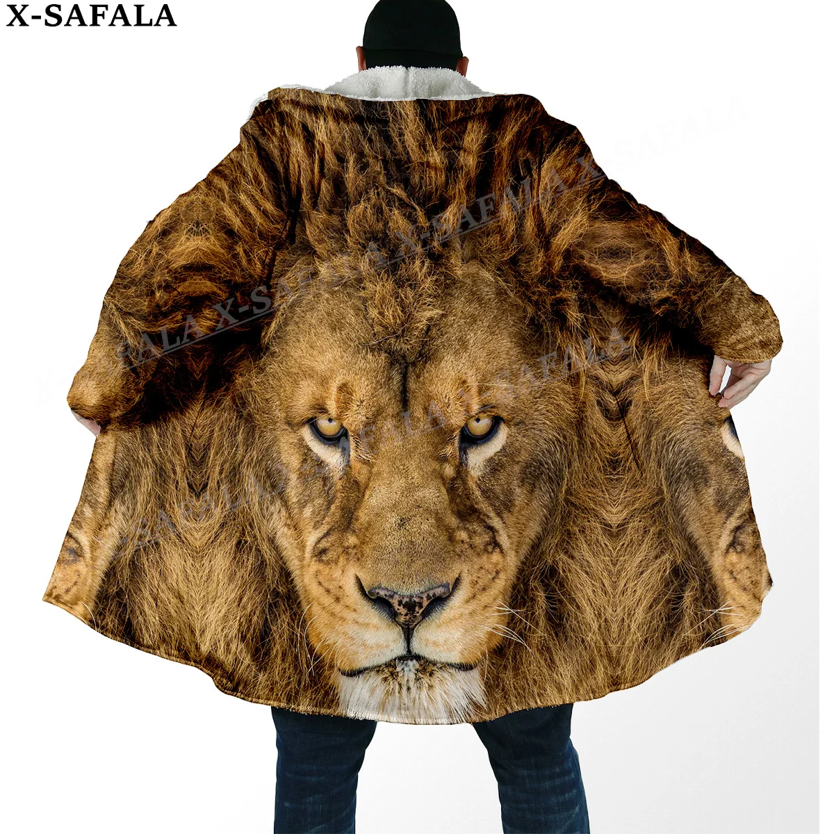 The King Lion Spirit Totems Art Thick Warm Hooded Cloak Men Overcoat Coat Windproof Fleece Cape Robe Hooded Blanket-11