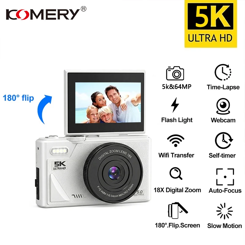 

Цифровая фотокамера 75 МП с откидным экраном 3.0 дюйма, Wi-Fi, 18-кратным цифровым зумом, записью видео 5K, винтажный видеорегистратор для влогов, веб-камера для YouTube