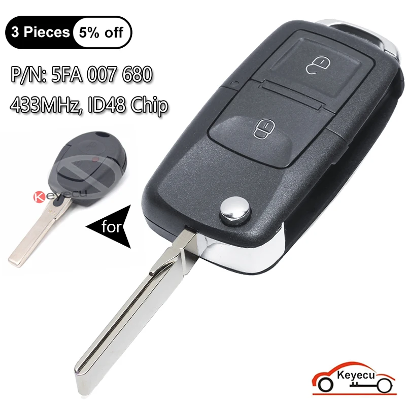 KEYECU 2 Buttons 433MHz ID48 for Volkswagen VW Bora Polo Golf Passat Lupo Auto Upgraded Flip Remote Key Fob P/N: 5FA 007 680