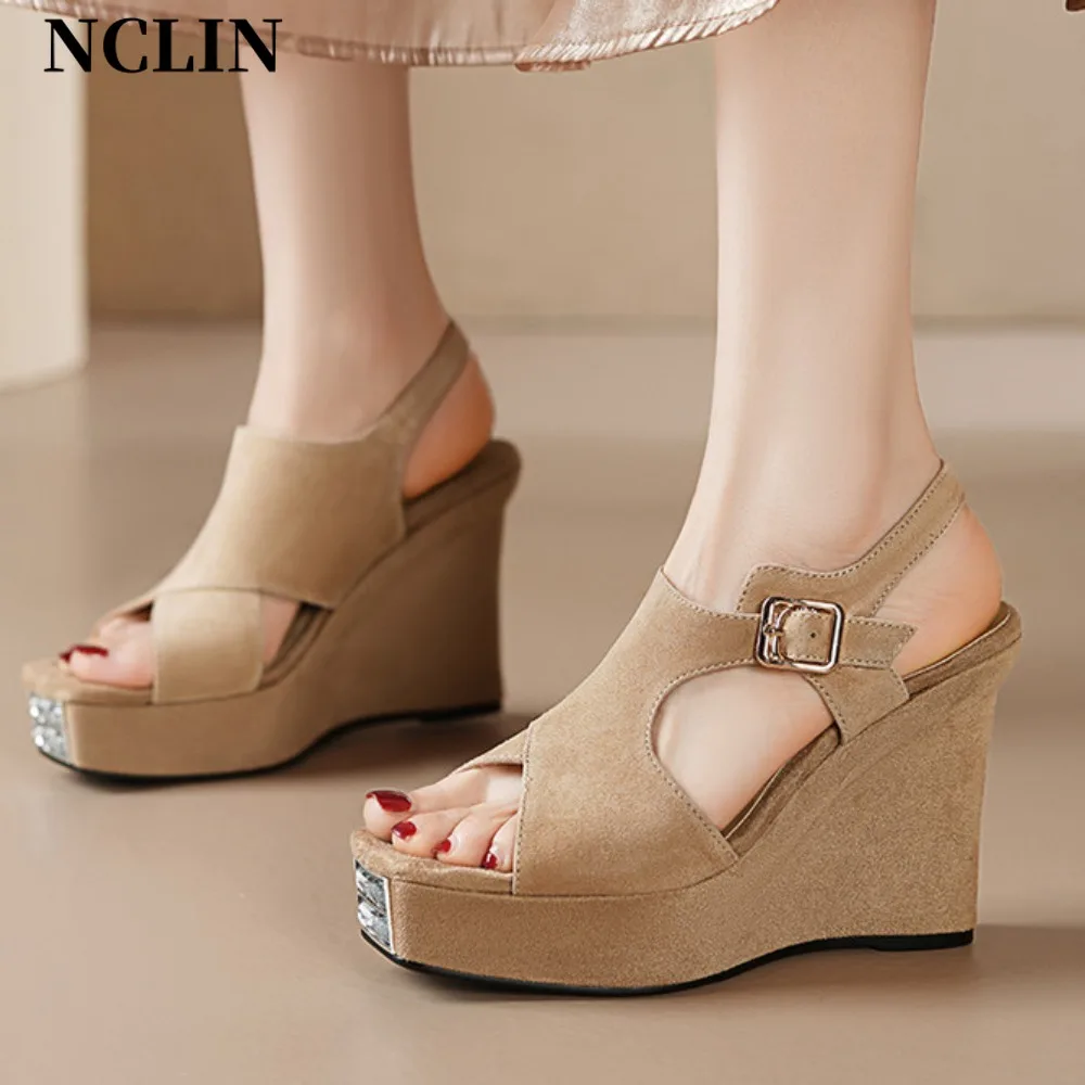 

Metal Buckle Wedge Sandals Women 2025 Summer Suede Leather Platform Gladiator Sandals Woman Thick Bottom Beach Sandalias Mujer