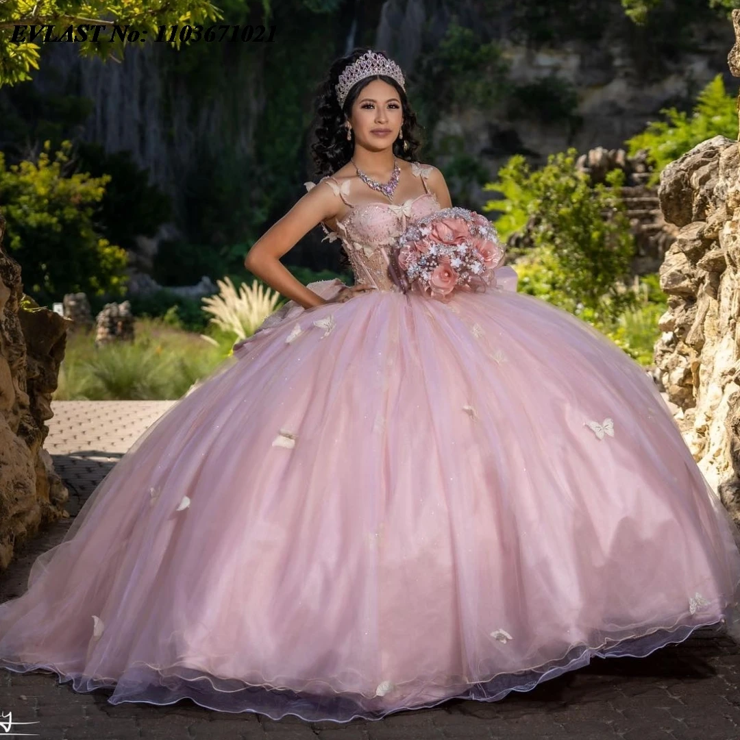 EVLAST gaun manik-manik Applique kupu-kupu 3D gaun bola gaun merah muda Quinceanera Meksiko dengan korset pita manis 16 Vestidos De Anos SQ363