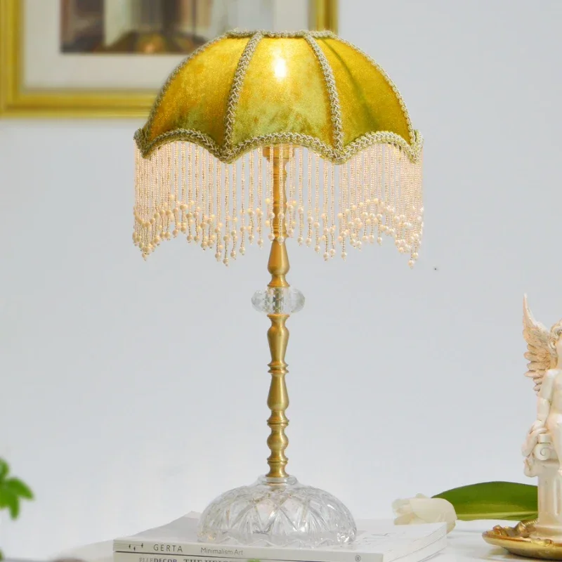 Bedside lamp green French retro all-copper table lamp bedroom girl heart American princess wind fringe