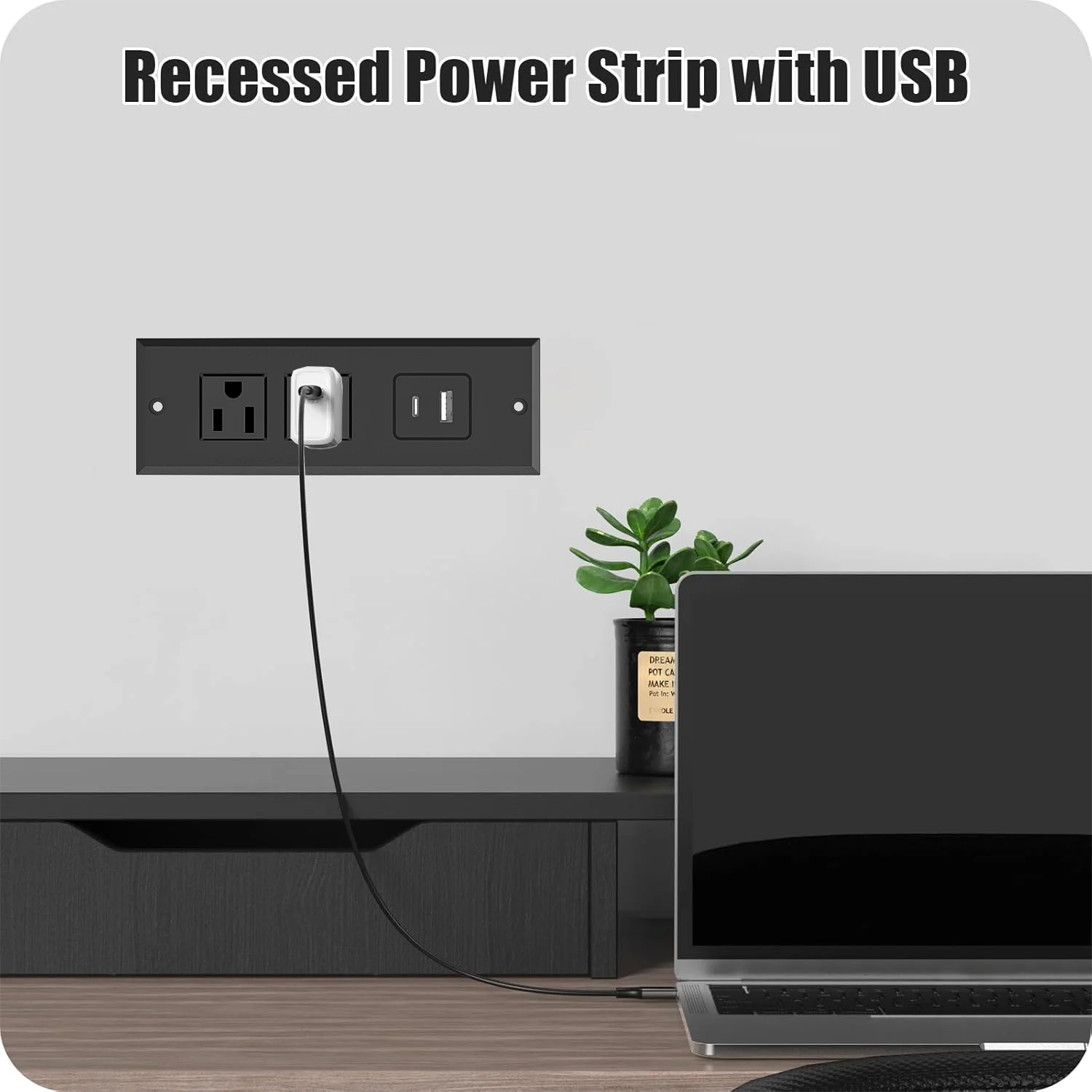 Invisible Furniture Integration, 2 AC Outlets & 2 USB-C/A Ports Recessed Power Strip, 1.5M Cord Space-Saver for Side Table