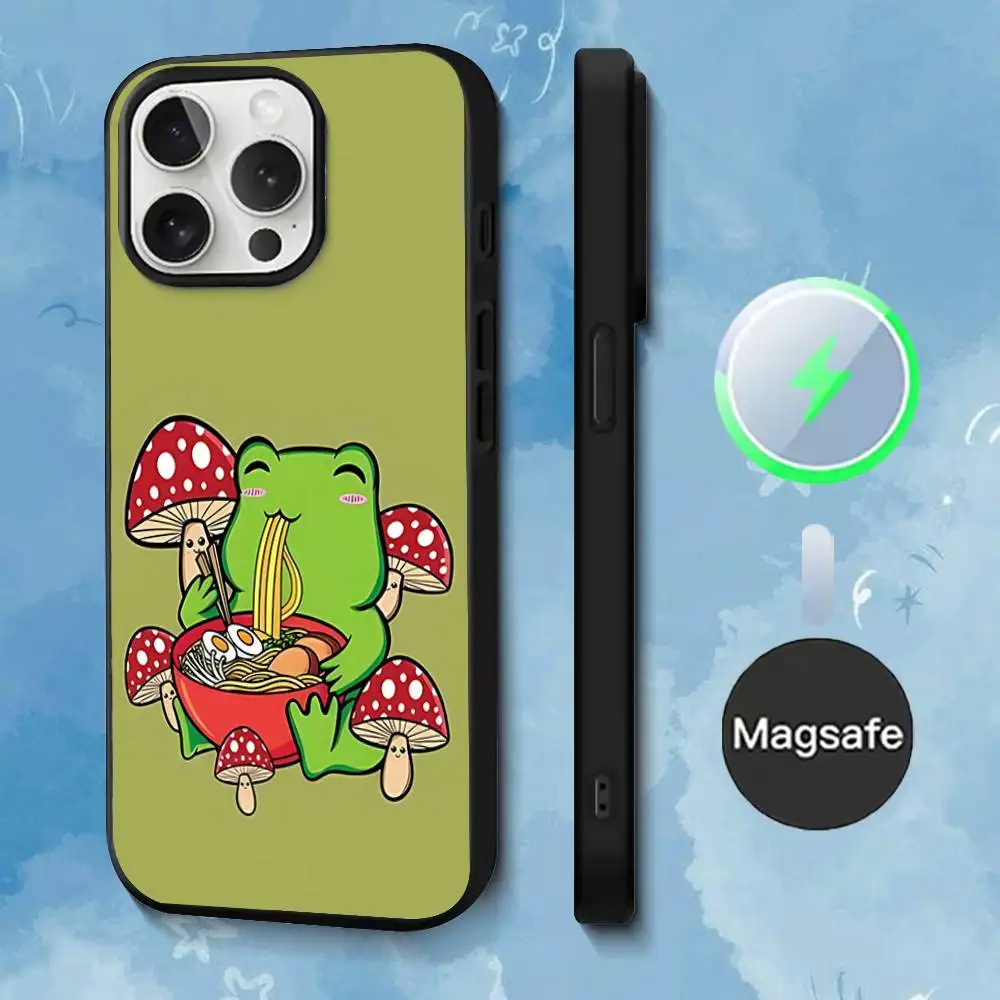 حافظة هاتف Green The Frog Mushroom لهاتف iPhone 17,16,15,14,13,12,11,Pro,Max,Plus,Mini,SE4,E شحن لاسلكي مغناطيسي Magsafe