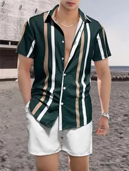 2024 New Summer Hawaiian Men's Vacation Casual Suit Classic Striped Printed Shirt Short Sleeve Shorts Suit Fashionable Mens Suit