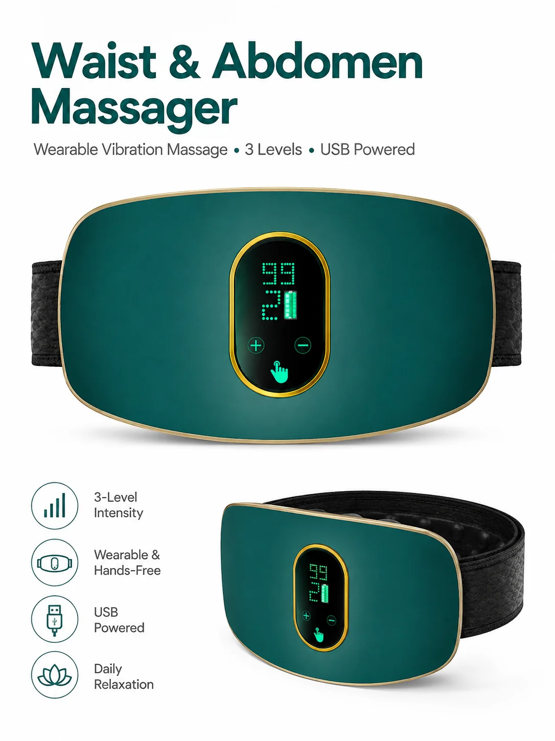 Waist Abdomen Massager Vibration Slimming Belt 3 Adjustable Levels USB Powered Body Shaping Fitness Massage Device for Women Men