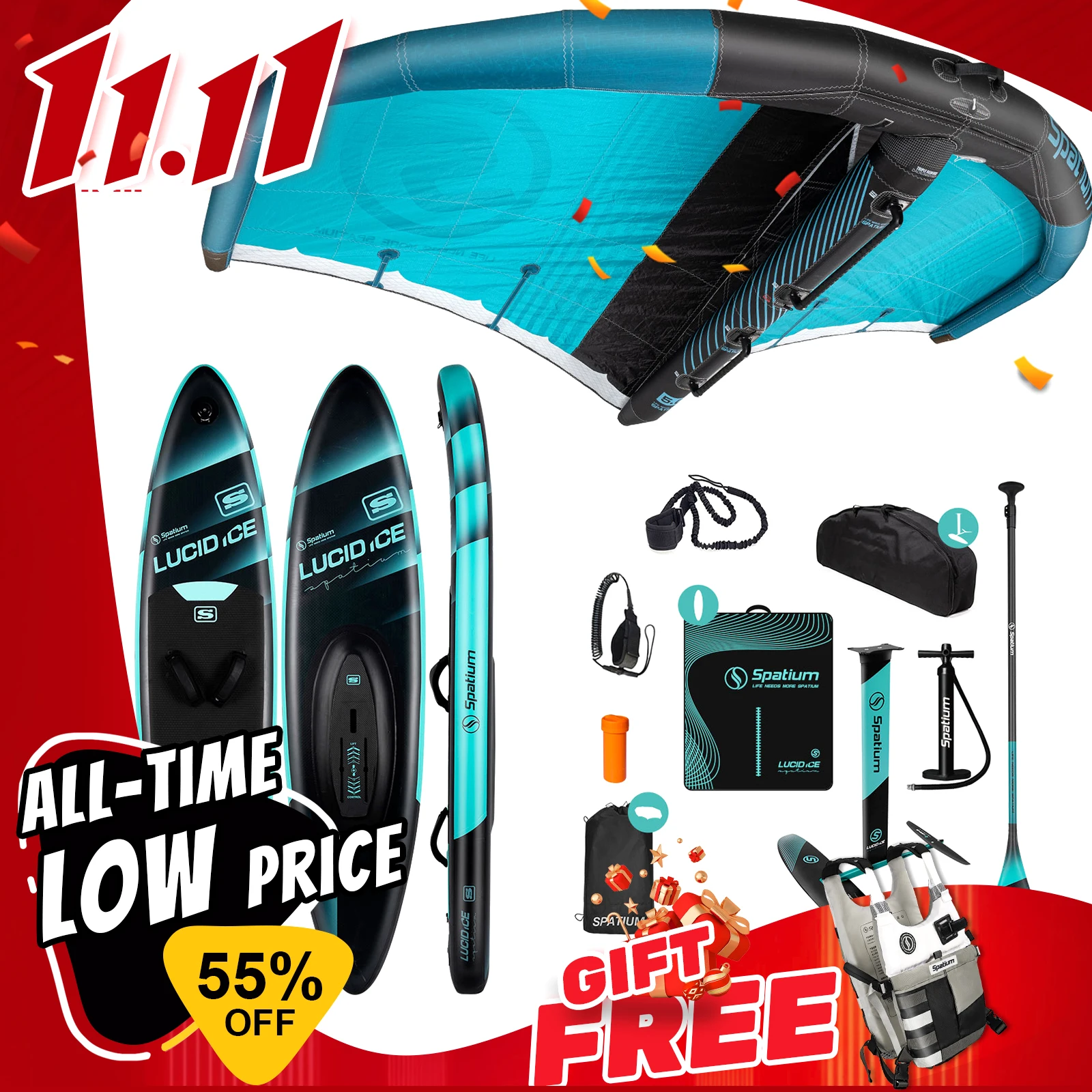 Spatium Inflatable Downwind Board Surfing Kifting Surfing Handheld Inflatable Wind Wing Foil Board with Paddle for Watersports