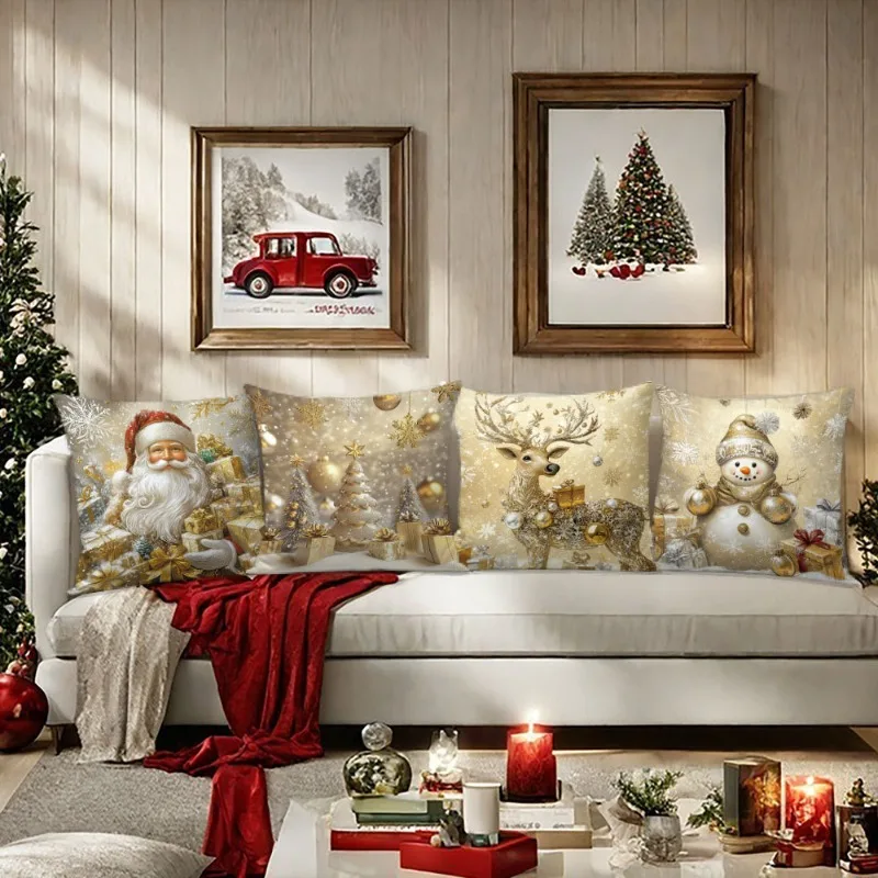 

4-piece Christmas Pillowcase Set, Santa Claus Reindeer Snowman, Bedroom Living Room Sofa Christmas Decoration, Happy New Year