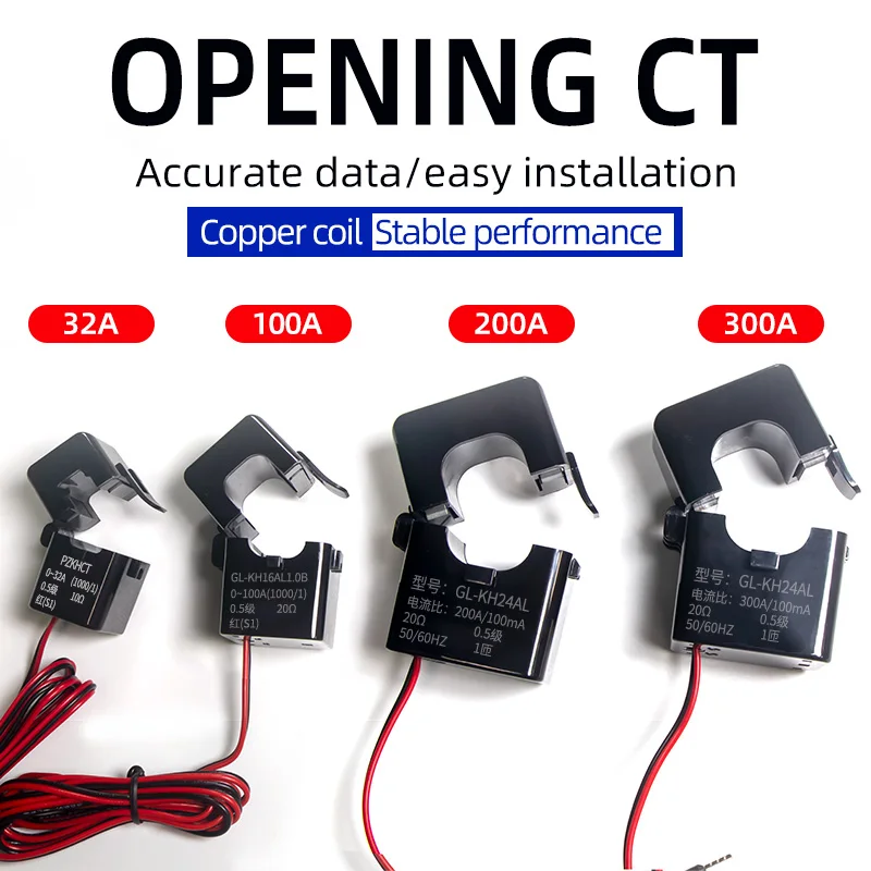 Hochstabiler geteilter Kernstromwandler, offener Typ, Spule CT, AC 32 A, 63 A, 100 A, 500 A, Klemmsensor