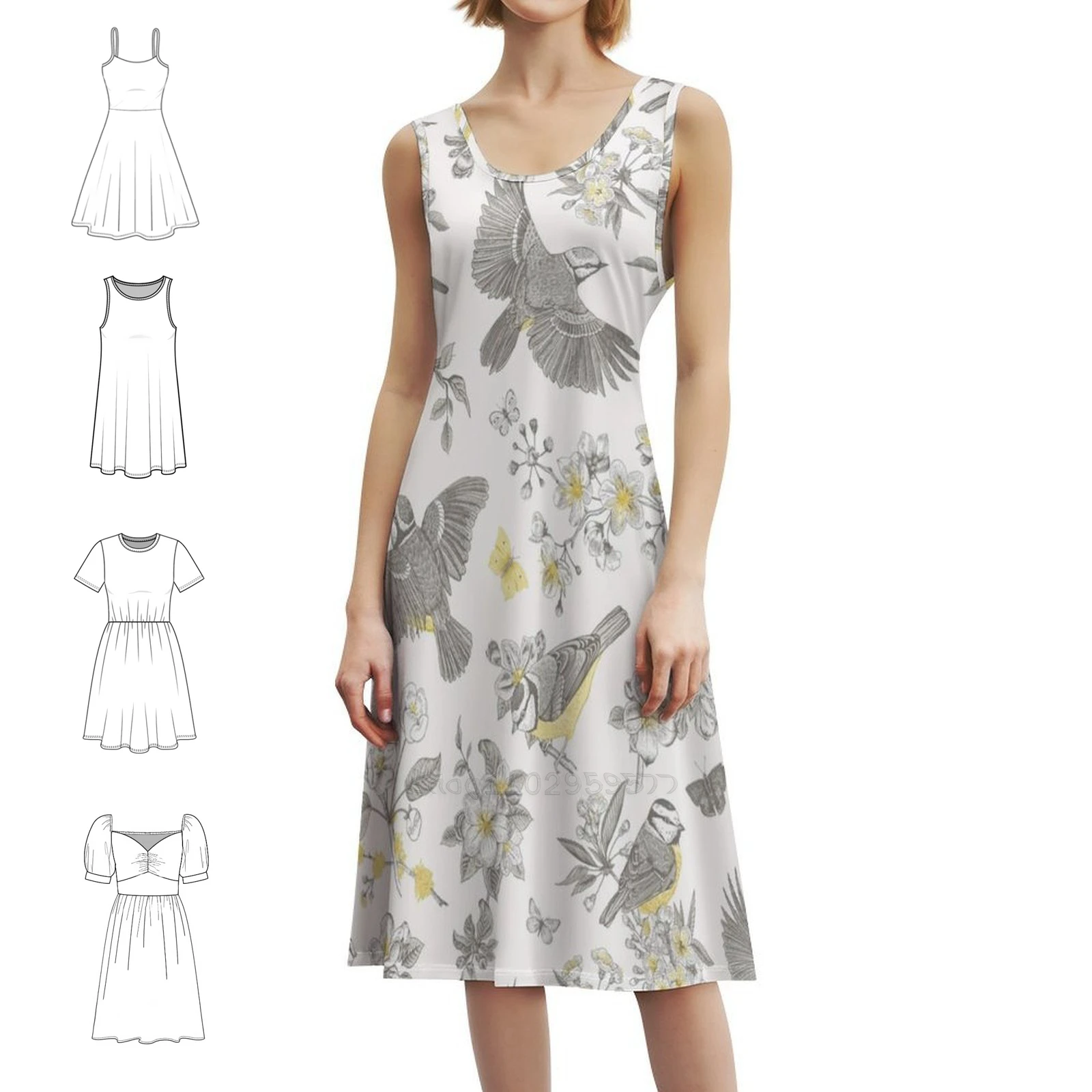 فستان حفلات أنيق للنساء من طيور تويلي باللون الأصفر والرمادي الفرنسي مع خيارات قصيرة/طويلة/بدون أكمام