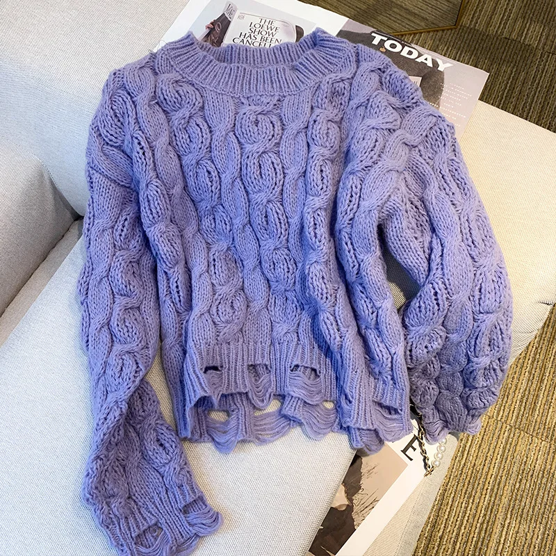 

2022 Autumn Winter Loose Short Sweaters Women Hollow Out Hole Coarse Yarn Chic Knitted Tops Girl Vintage Purple Jumpers Knitwear