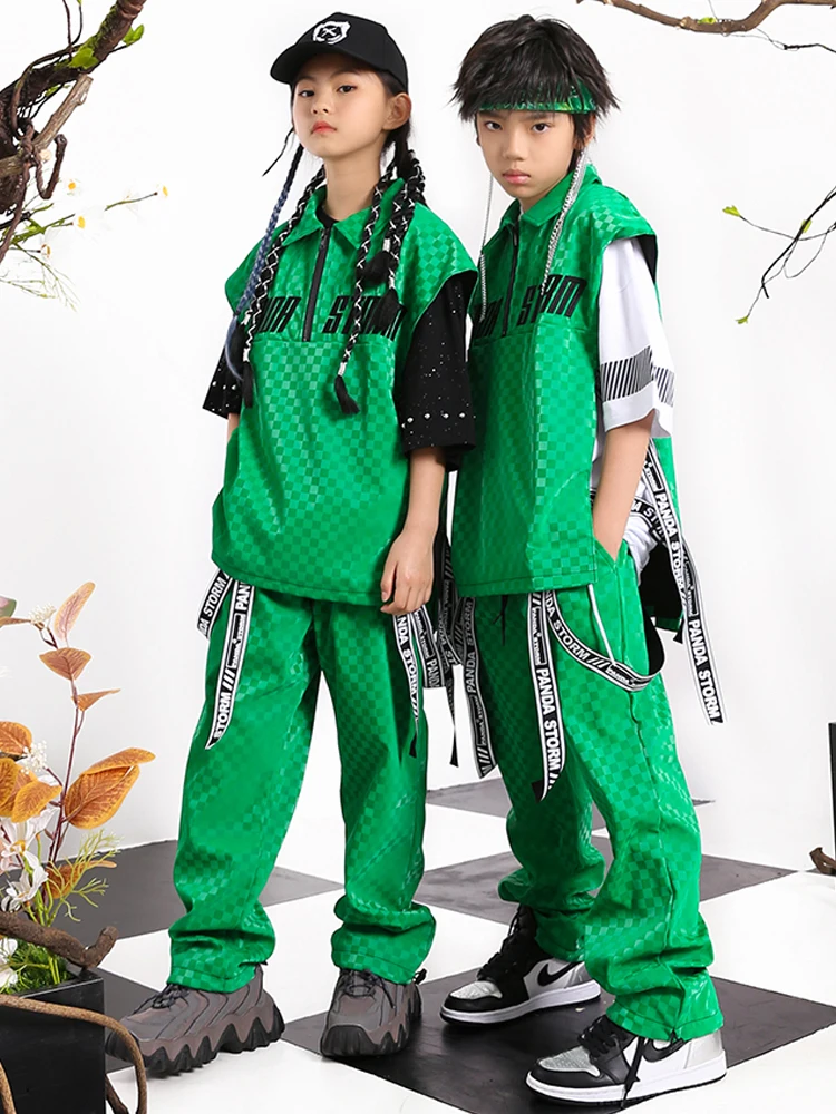 Verde Plaid gilet pantaloni bambini Hip Hop Costume ragazze ragazzi Street Dance vestiti estate allentato abbigliamento Casual moderno Rave vestiti BL8127