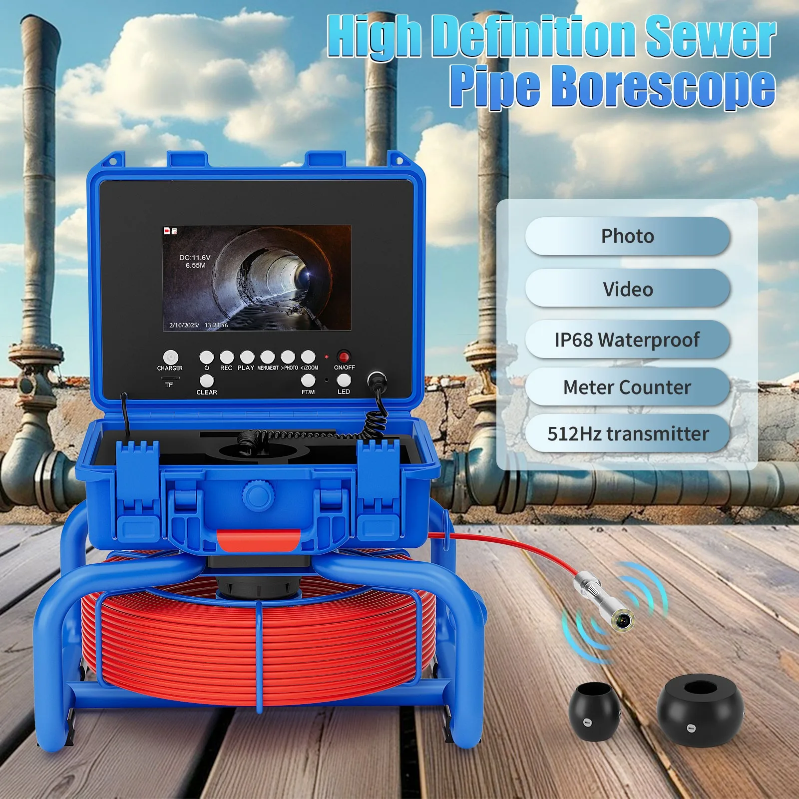 Video Endoscope  Camera 5MM Cable Sewer Pipe Inspection Camera with Meter Counter 512HZ Transmitter 7 inch 20M/30M Waterproof