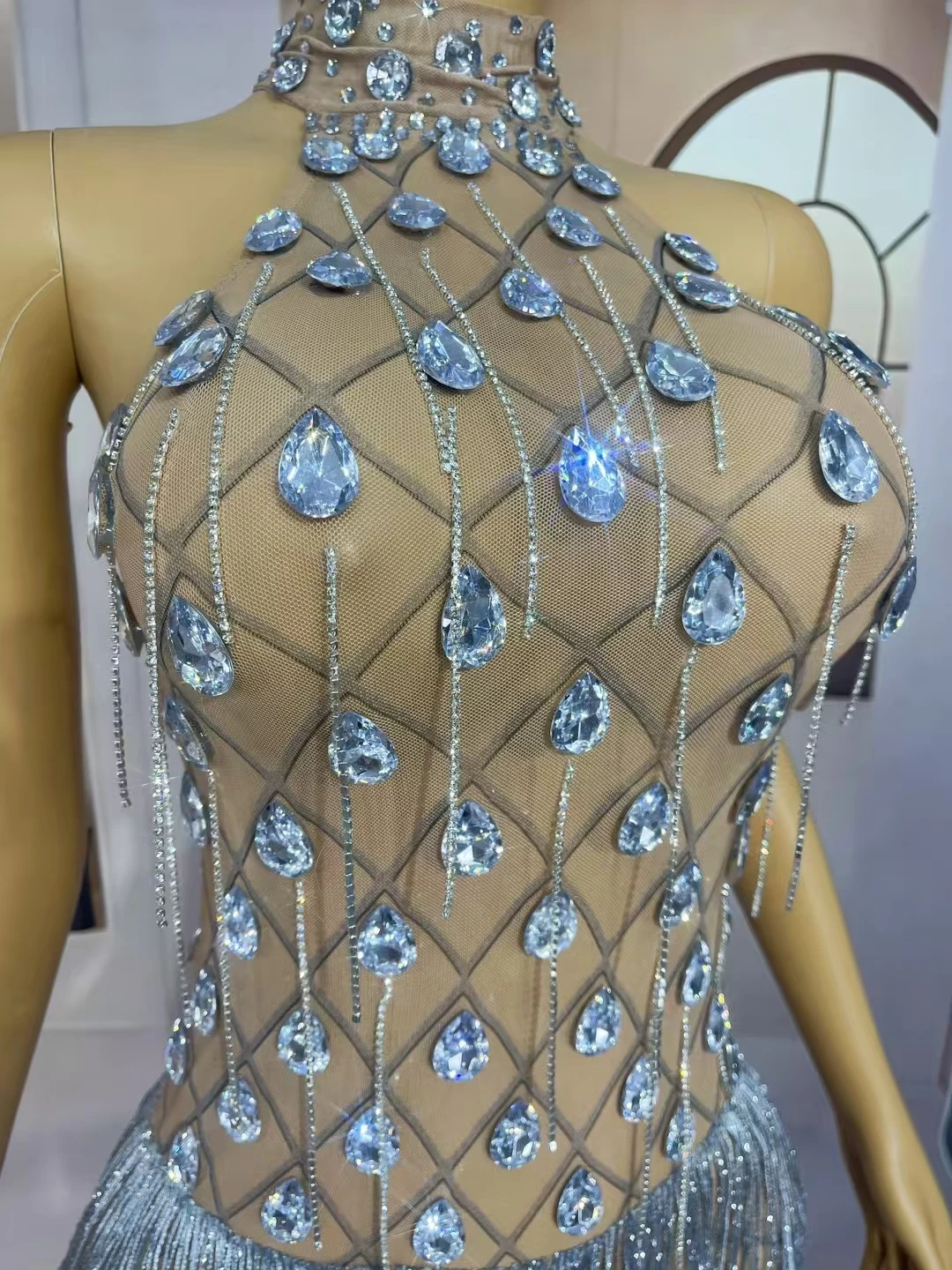 

Fashion Rhinestone Tassel Sparkly Ultra Short Dress Sexy Women Festival Celebrate Party Outfit Night Stage Show Wear Lingshuo