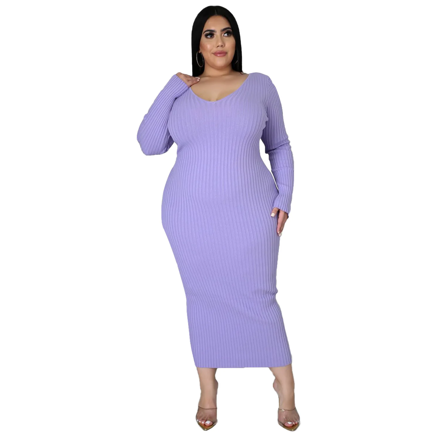 HAOOHU Rib Sunken Stripe Knitted Cotton Dress Solid Color Women Casual Plus Size Dresses Fashion Autumn Winter Long Clothes 2023