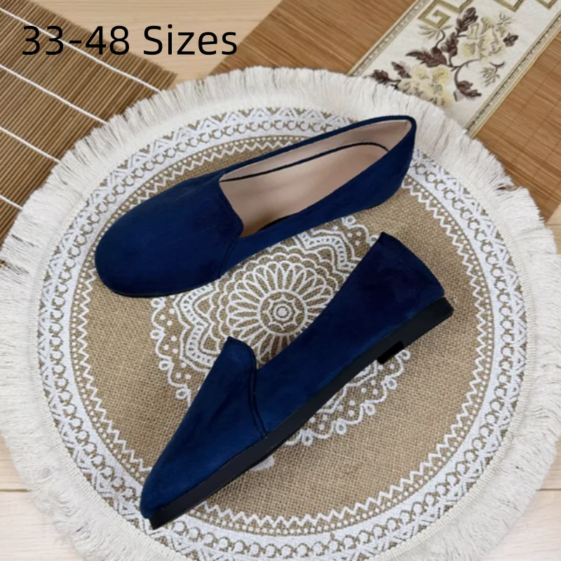 Lady 2025 New Arrivals Hand-Made Royal Blue No Heel Shoes Size 48 46 Long Toe Flats Wide Fitting Round Shape Loafers 29cm Retro