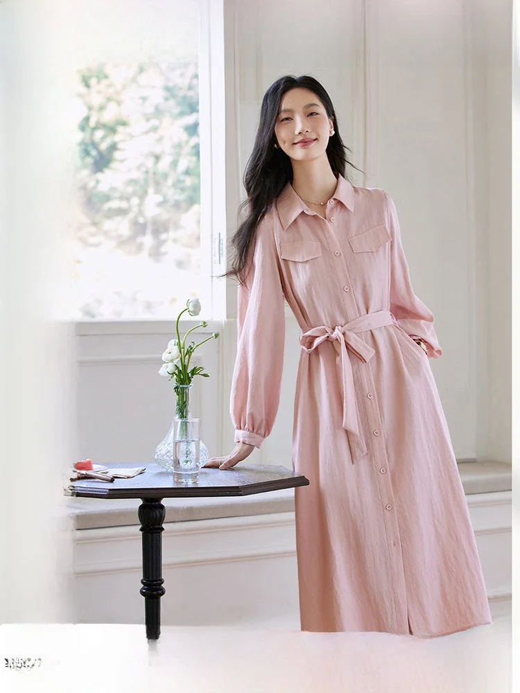 

Pink Fashion Ruche Waist Shirt Dress Women's Autumn New Style Turn-down Collar Slimming Long Skirt A-line Silhouette Dress
