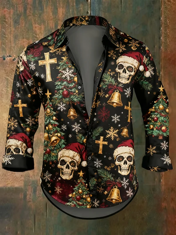 Gothic Christmas Skull Religion Men's Long-Sleeve Shirt with Cross and Skull Print Casual Fit Suitable for Christmas Celebration