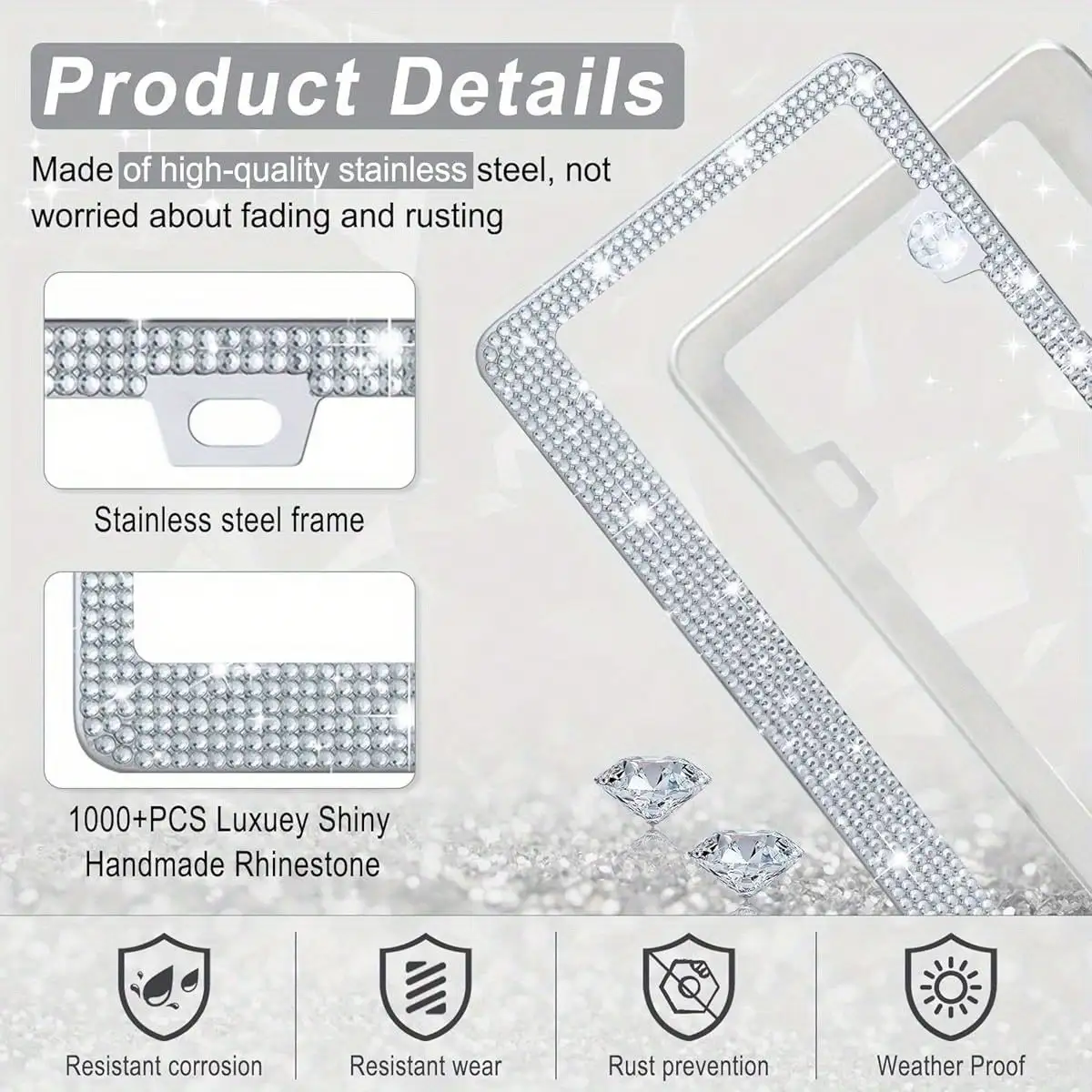 2 Stück Glitzernder Strass-Kennzeichenhalter, Funkelnde Kristall-Autokennzeichenabdeckung mit Schraubkappen, Universeller Standard – Detail 4