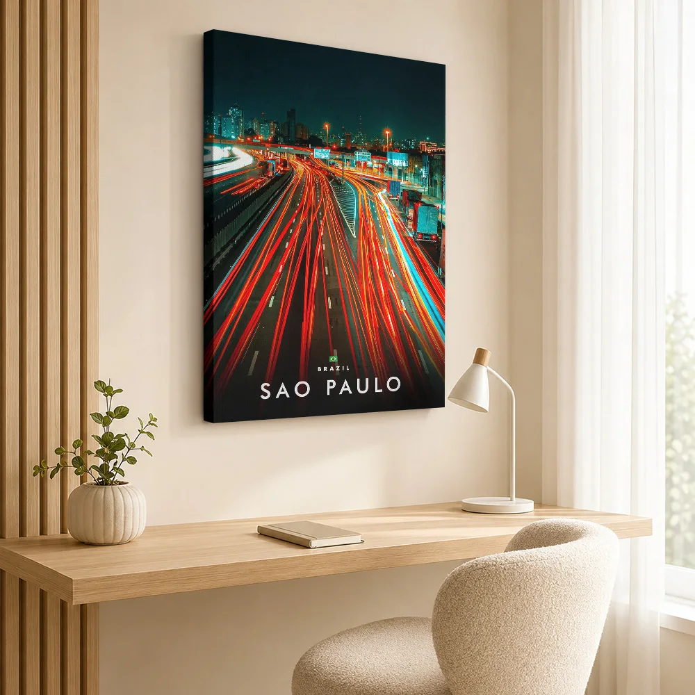 Sao Paulo Night Traffic Trails Framed Canvas Print Poster Customized Modern Aesthetic Wall Art for Bedroom Decor Ready to Hang