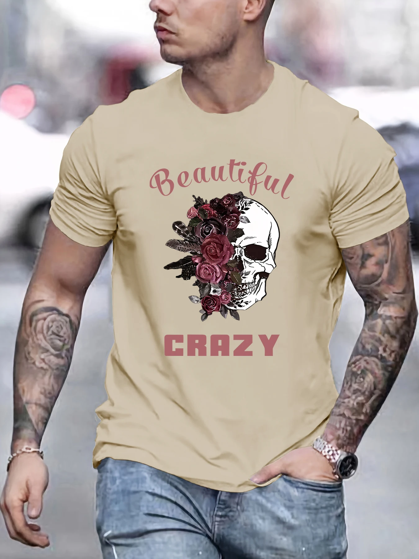 Beautiful Crazy Skull And Flowers Printed T-shirt - Comfortable Long Sleeves Stylish Crew Neck  Ideal For Casual Wear