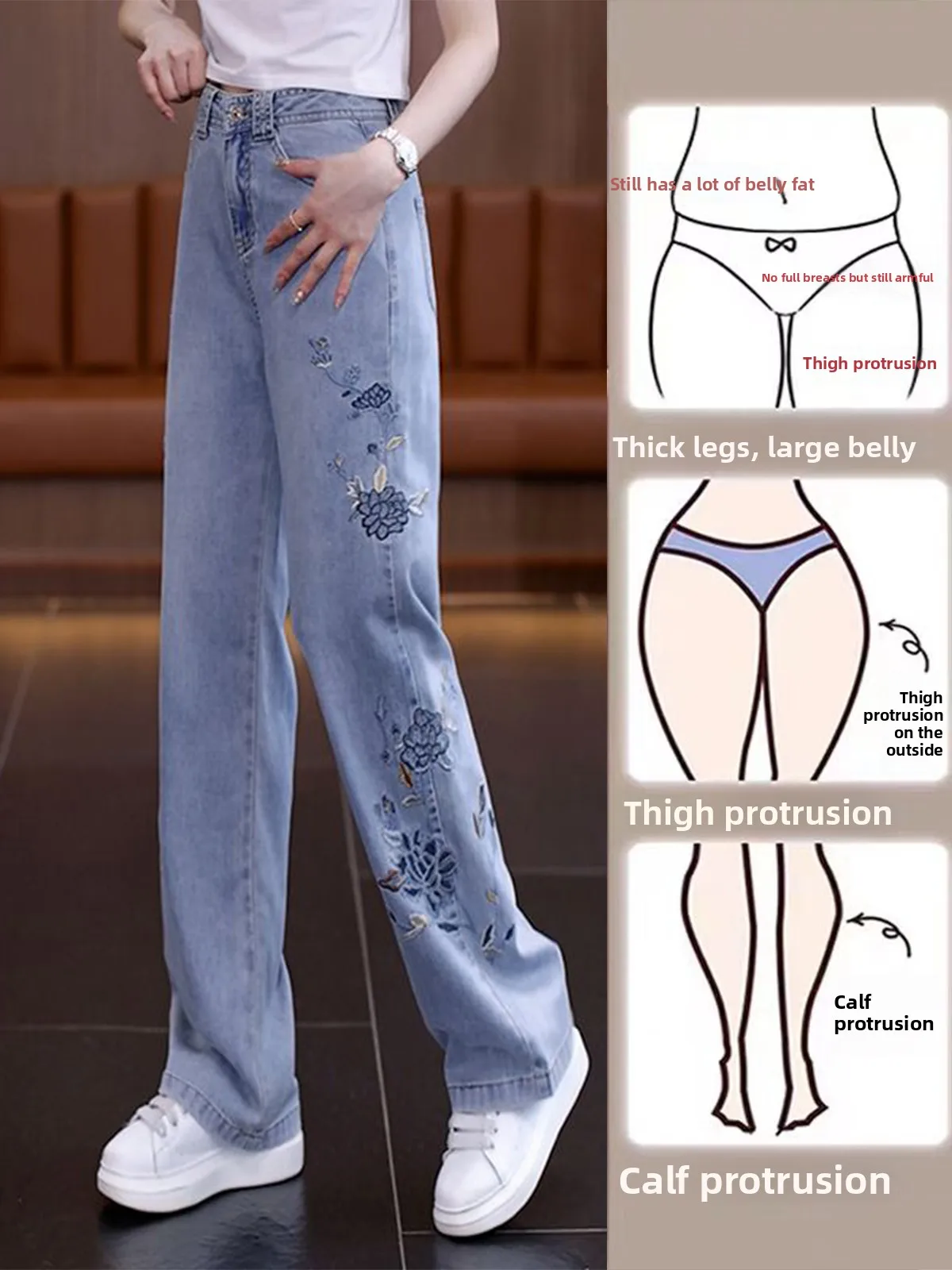 

Женские джинсы Ele с вышивкой, прямого кроя, с высокой талией, из смесового хлопка и полиэстера, летние 2024, модные, универсальные, стройнящие