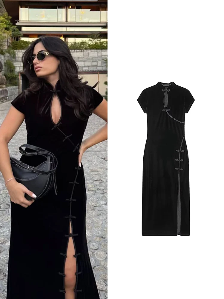 Frauen Elegante Lange Schlitz Qipao Kleid Retro Chinesischen Stil Cheongsam Kleid Schwarz Stehkragen Mode Schlanke Damen Party Kleid