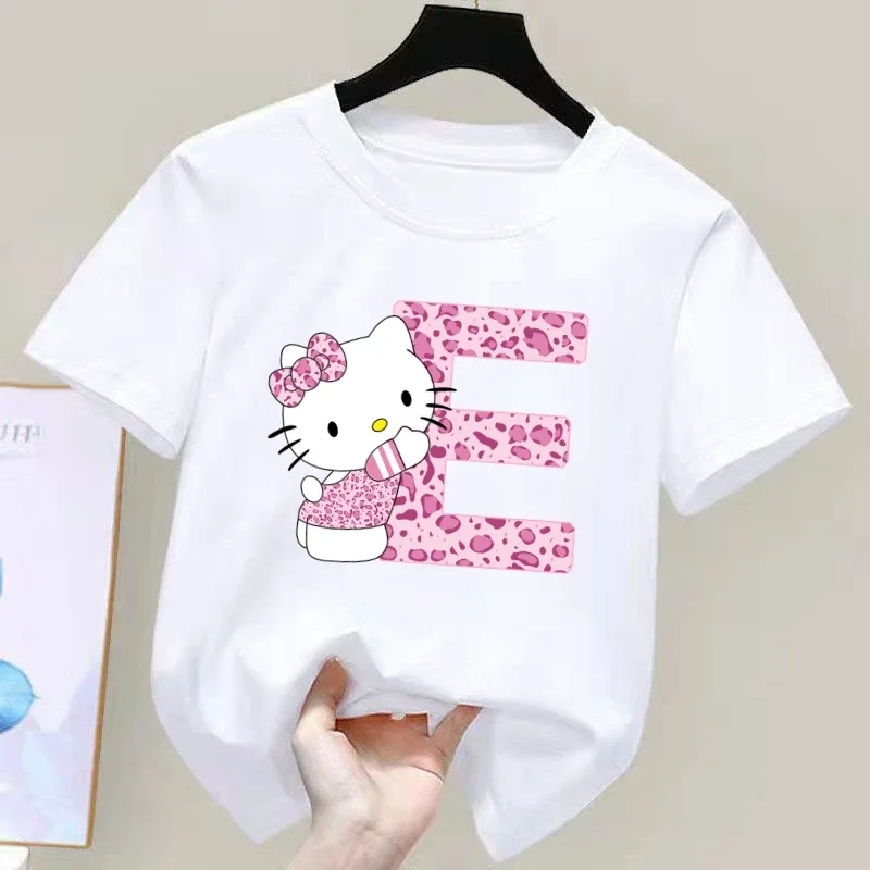 Hello Kitty Letter A-Z Children\'s Short-sleeved New Sanrio Summer T-shirt Clothes Girly Heart Soft Clothes Kawaii Birthday Gift