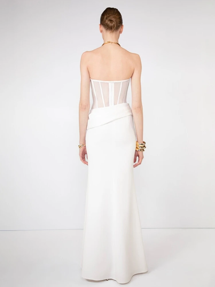 2025, zweiteiliges Set für Damen, weiße Röcke, sexy, trägerloses Crop-Korsett + plissierte Falten, schmale Röcke, Sets, Abendparty, Cocktail-Anzüge