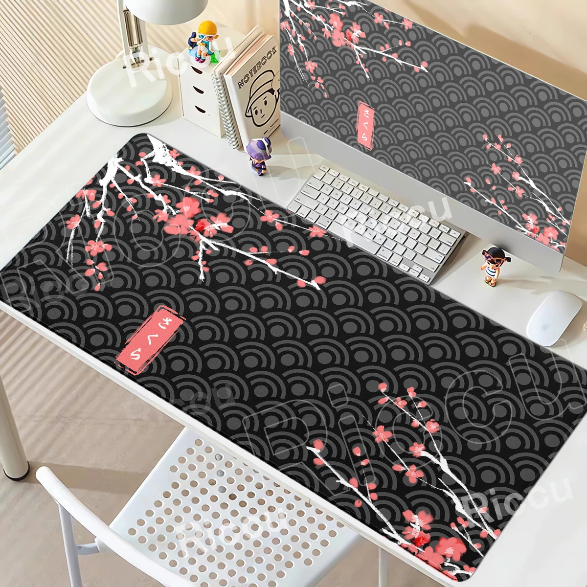 Mauspad mit Sakura-Muster, schwarze Wellenstruktur, Schreibtischunterlage, rutschfestes Gummi, Gamer, XXL, Schreibtischunterlage, Bürounternehmen, Tastaturteppich, Gaming-Pads