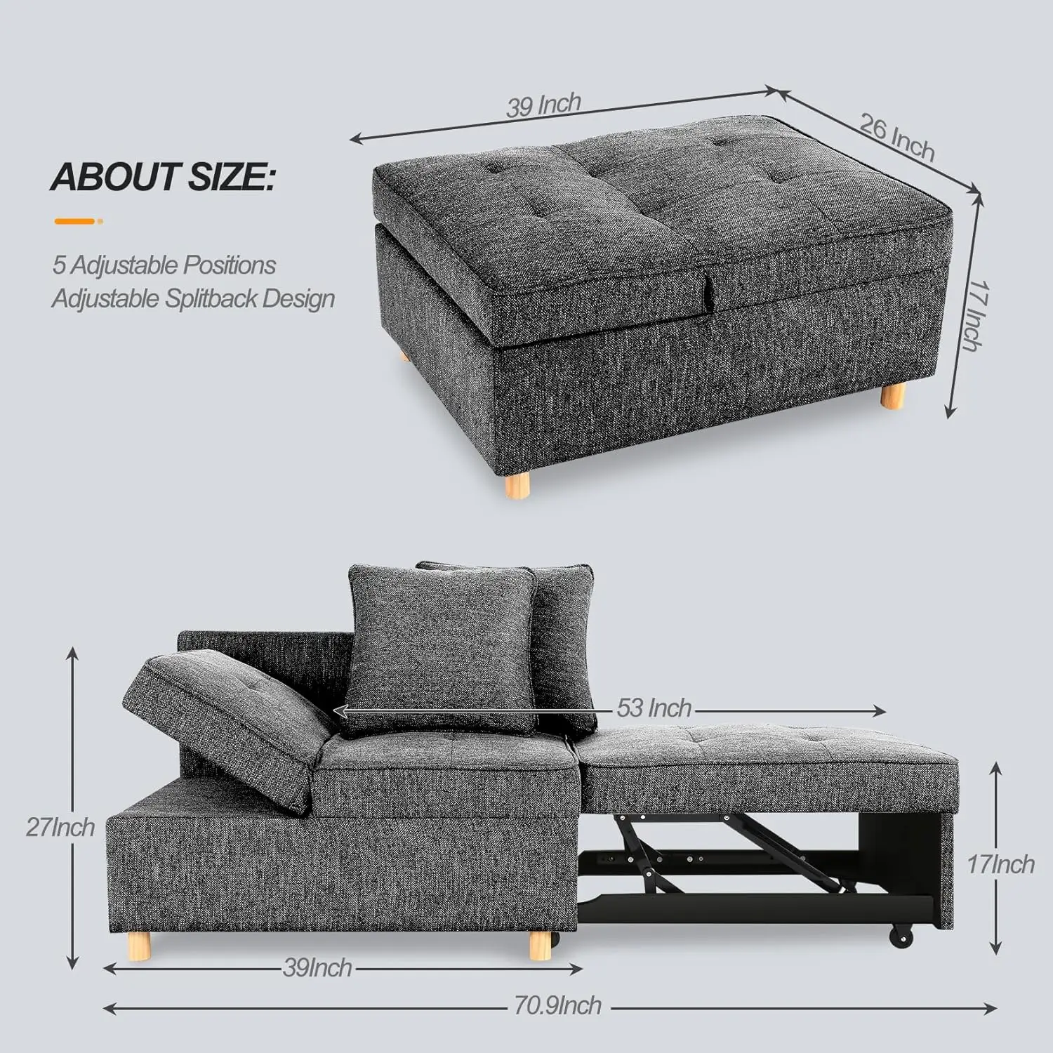 Sofa bed four in one convertible sofa and long sofa, 3-seater linen sofa with 2 pillows and 5 adjustable backrests, black