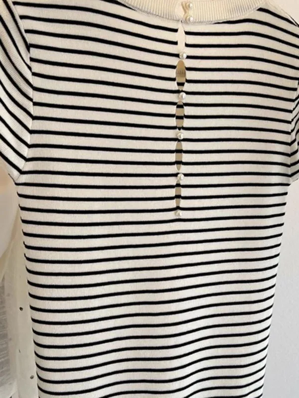 Back Hollow out Knitted Short Sleeve T-Shirt Women's Striped Design Summer New Style Slimming Sweet And Spicy Top