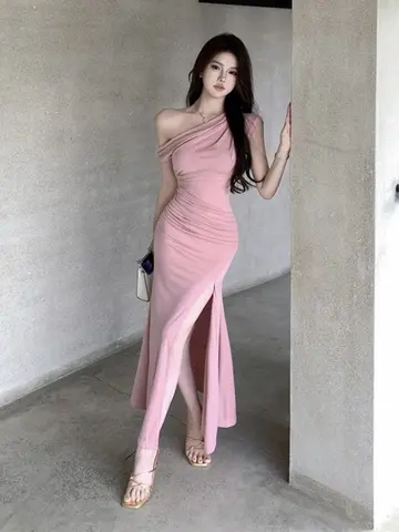 순색 드레스 한판 스타일 하이웨이스트 무릎 길이 순색 쪽면 슬릿 여성용 섹시한 여신 드레스 원피스 드레스 원피스