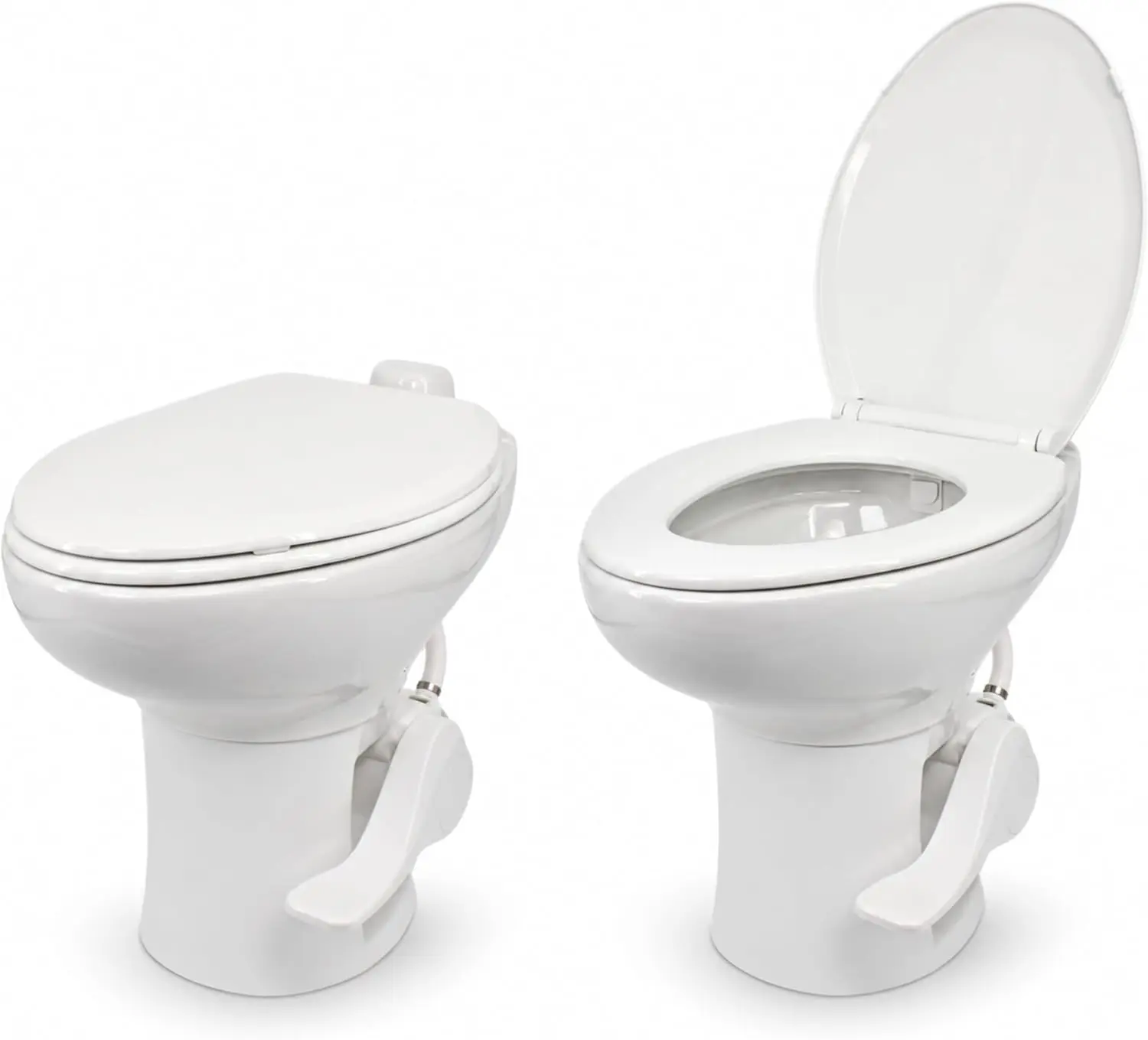 Porcelain RV Toilet with Elongated Bowl, 19” Residential Height, Gravity Flush, Foot Pedal Flush, Soft Close Seat, Easy Install,