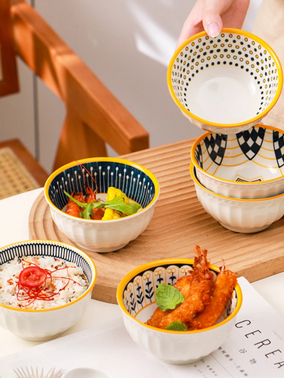 Tazón de Arroz de Cerámica Estilo Nórdico, Tazón de Desay Japonés Colorido con Esmalte Bajo Vidriado, Vala Redonda de A...